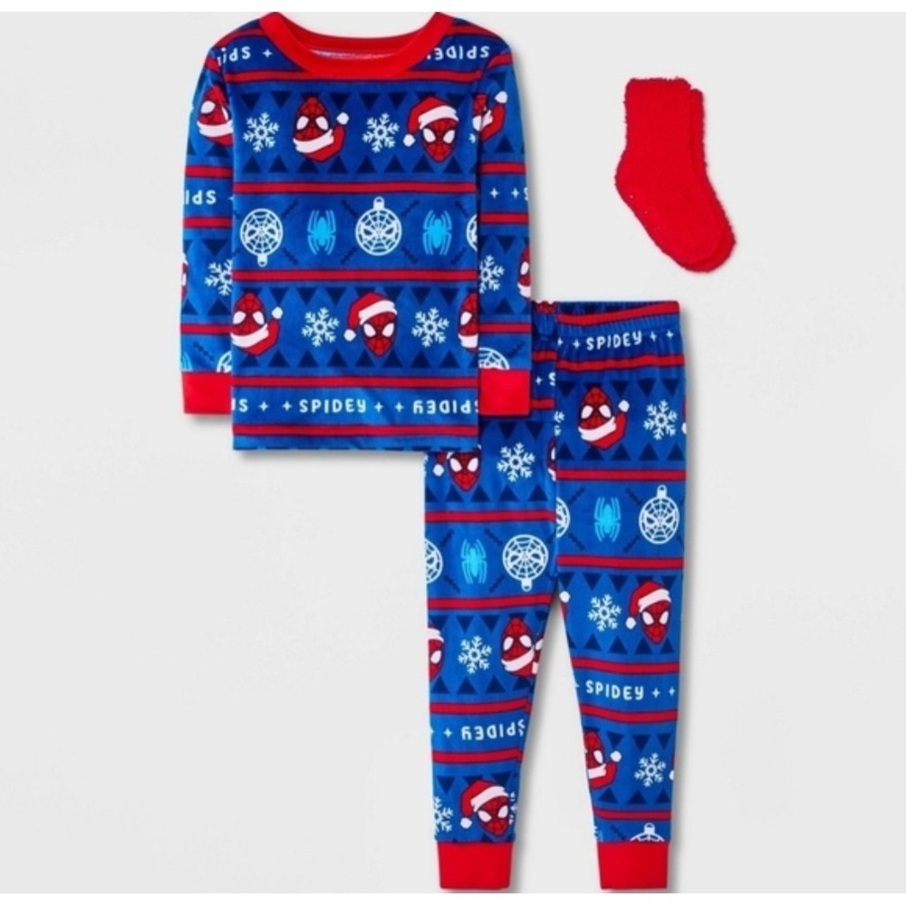 SPIDERMAN Christmas Pajama Sleep 2-Piece Set Cozy Socks Boys Size 3T Toddlers